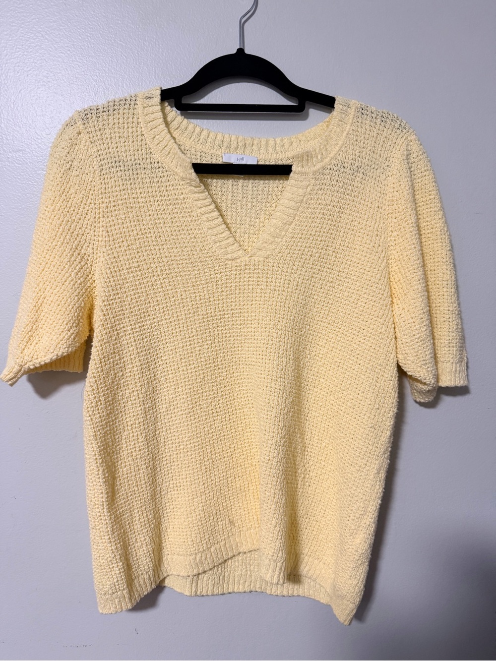 J. Jill Pale Yellow Textured Knit Short Sleeve Sweater V Neck Medium